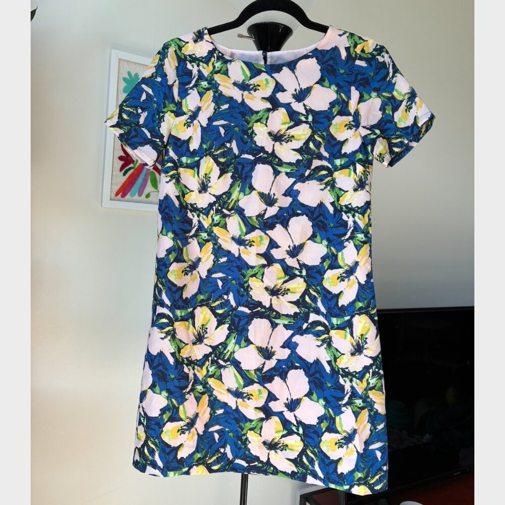 J. Crew Pink and Blue Floral Galley Shirt Mini Dress with Lining - Size 0P
